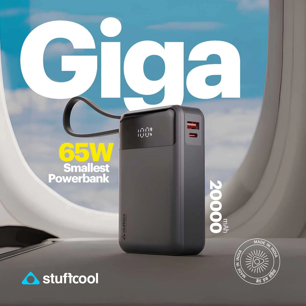 Stuffcool Giga smallest 65W 20000 Mah Powerbank With Built-in Type C Cable