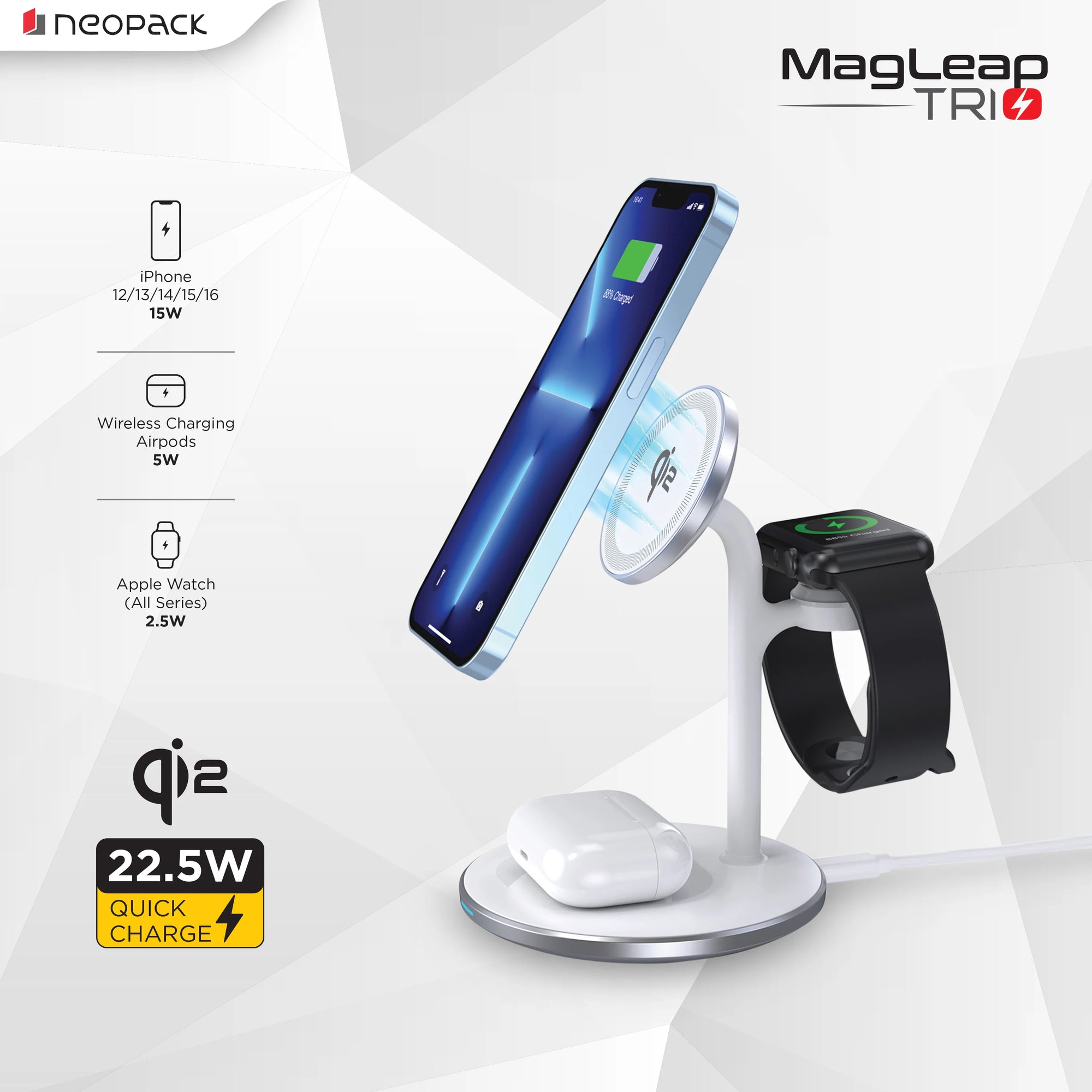 Neopack Magleap Trio 3 IN 1 Wireless Charging Stand 22.5W Compatible With IPhone, Apple Watch & Airpod (Silver)