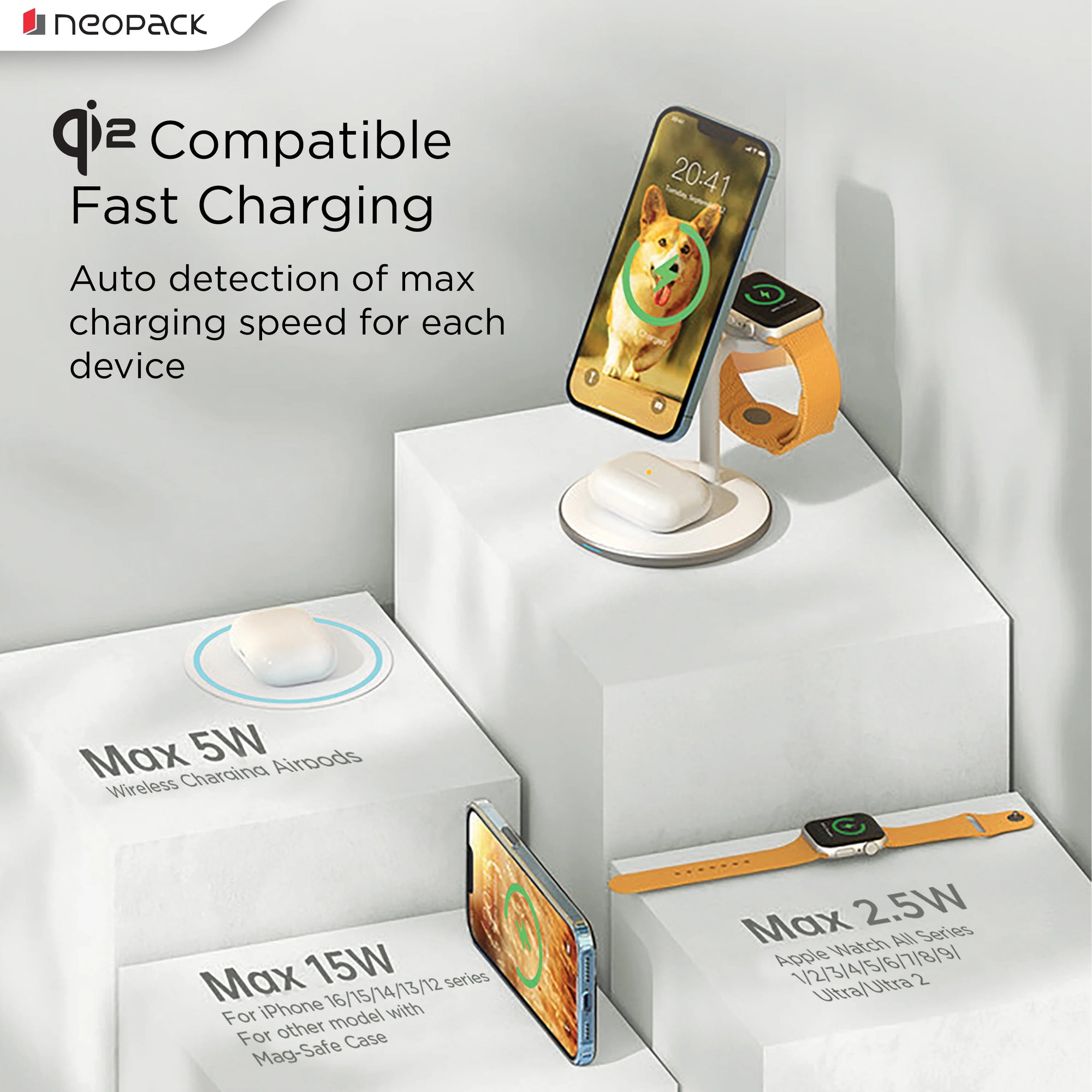 Neopack Magleap Trio 3 IN 1 Wireless Charging Stand 22.5W Compatible With IPhone, Apple Watch & Airpod (Silver)