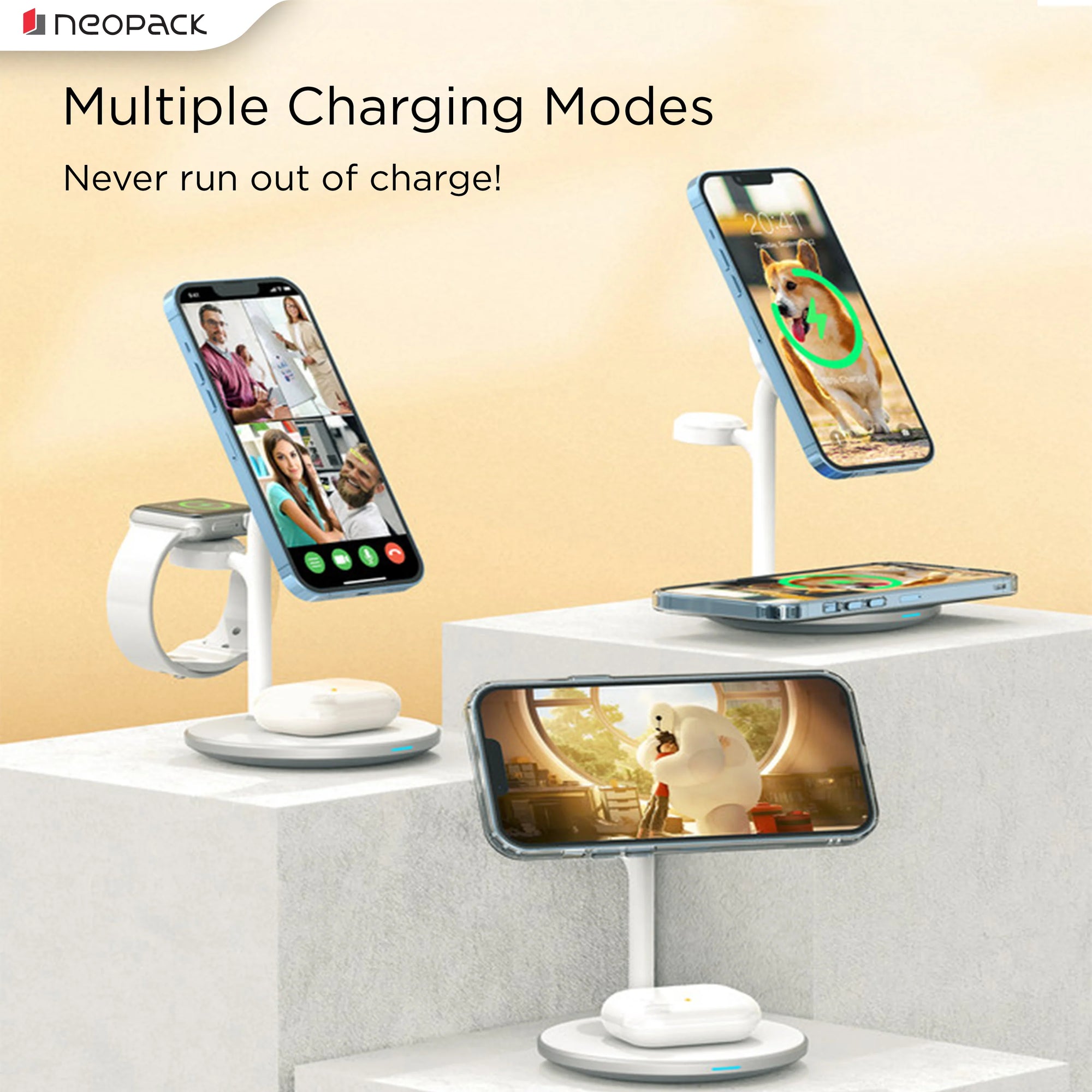 Neopack Magleap Trio 3 IN 1 Wireless Charging Stand 22.5W Compatible With IPhone, Apple Watch & Airpod (Silver)