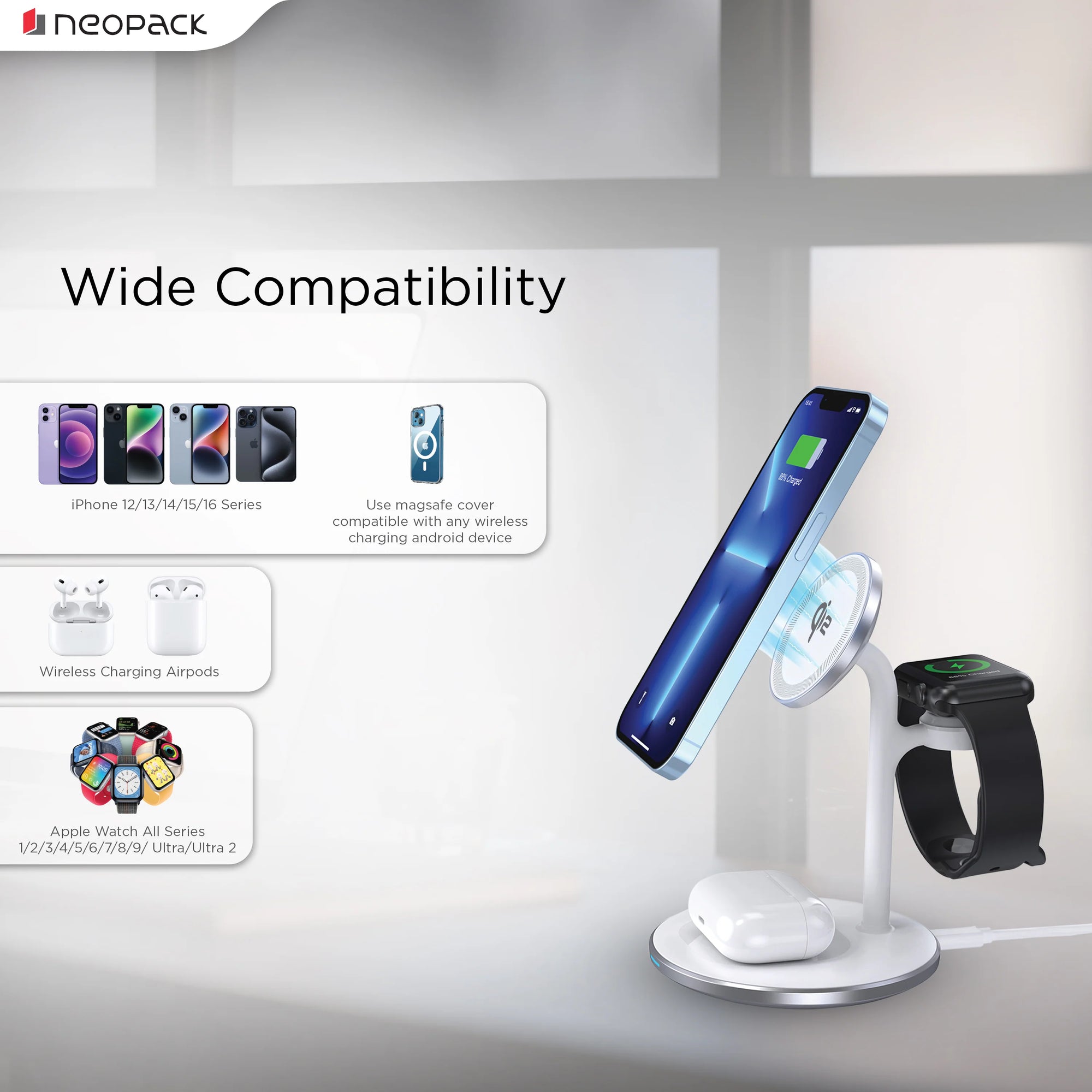 Neopack Magleap Trio 3 IN 1 Wireless Charging Stand 22.5W Compatible With IPhone, Apple Watch & Airpod (Silver)