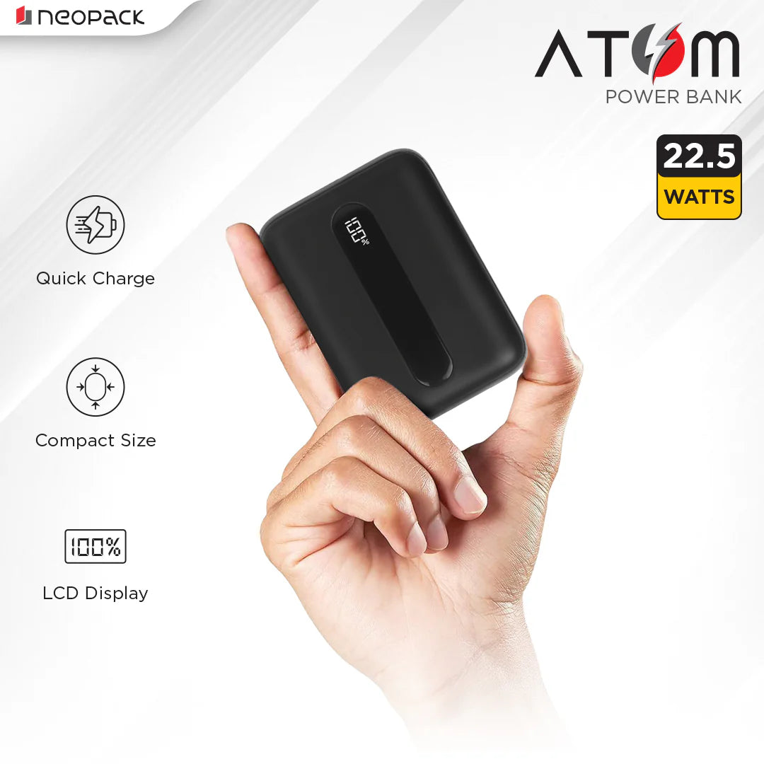 Neopack Atom 10000 MAH Power Bank With USB-A & USB-C @ 22.5W Dual Port Fast Charging Outputs (Black)