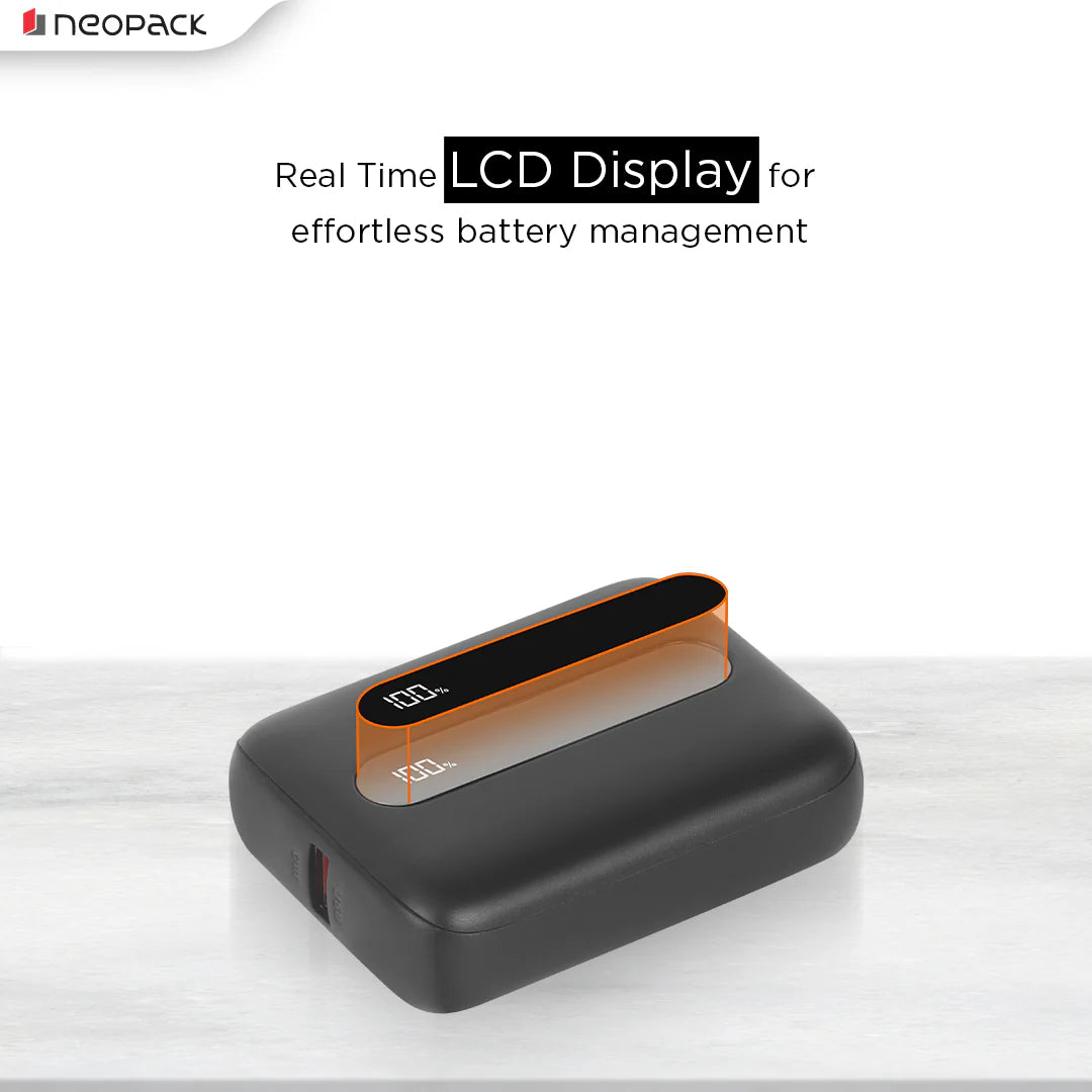 Neopack Atom 10000 MAH Power Bank With USB-A & USB-C @ 22.5W Dual Port Fast Charging Outputs (Black)