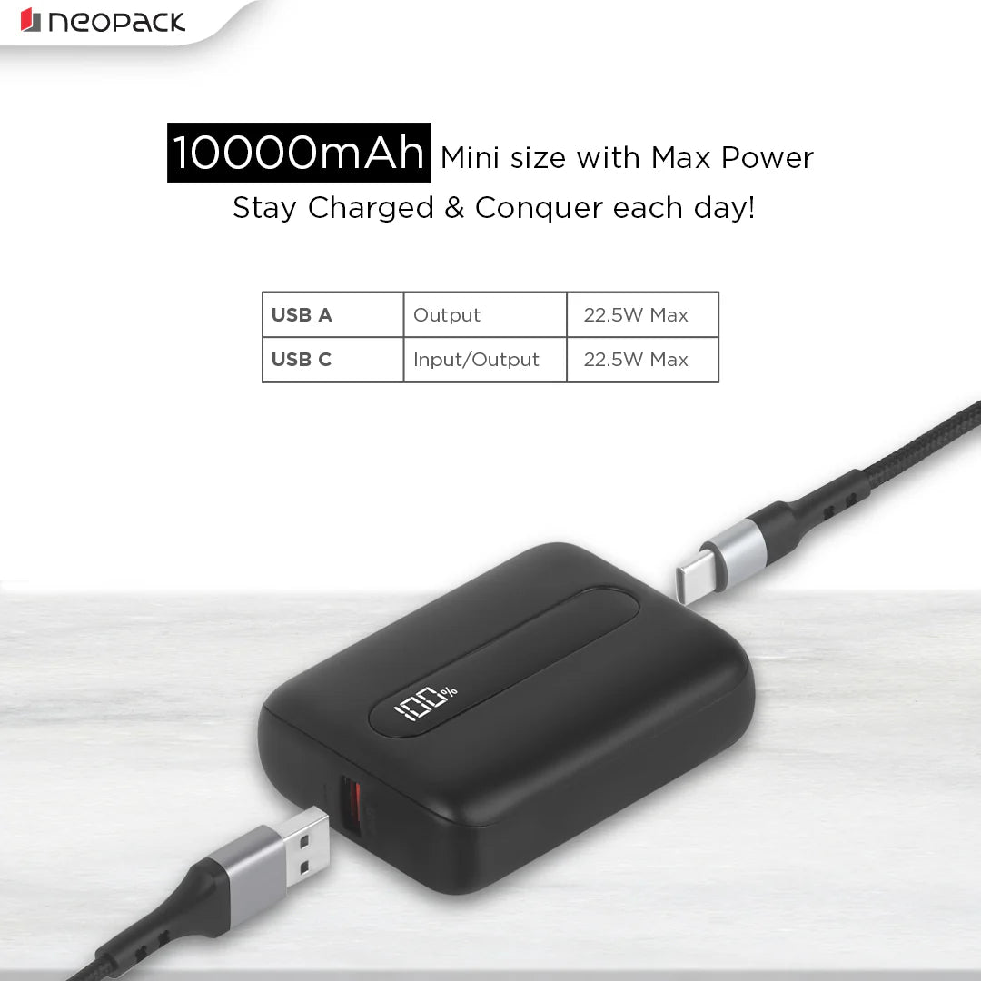 Neopack Atom 10000 MAH Power Bank With USB-A & USB-C @ 22.5W Dual Port Fast Charging Outputs (Black)