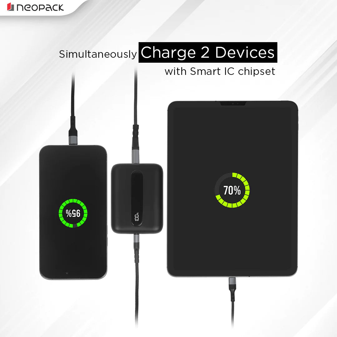 Neopack Atom 10000 MAH Power Bank With USB-A & USB-C @ 22.5W Dual Port Fast Charging Outputs (Black)