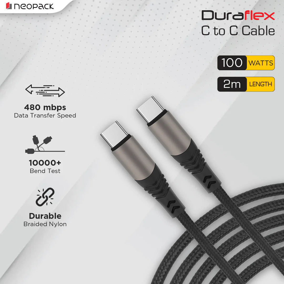 Neopack Duraflex 100W Type C To C Unbreakable Nylon Braided Charing Cable (2 Mtr, Black)