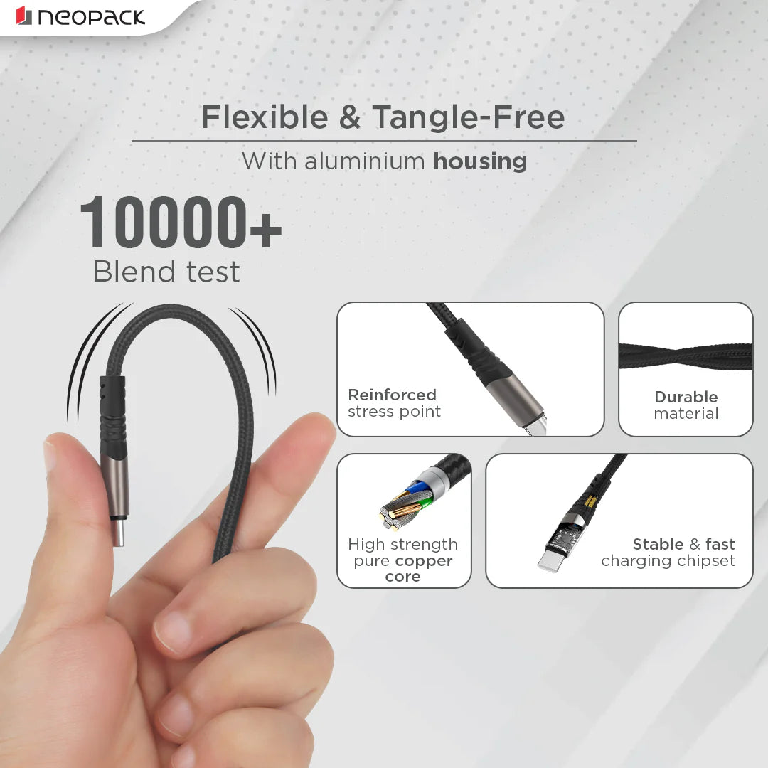 Neopack Duraflex 100W Type C To C Unbreakable Nylon Braided Charing Cable (2 Mtr, Black)