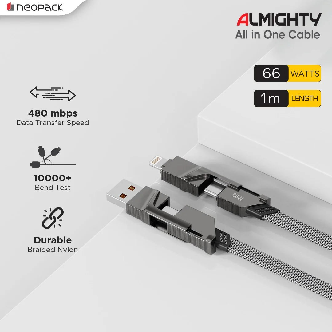Almighty 4IN1 Nylon Braided Cable 66W For Smartphones, Tablets, Macbooks, Laptops & More (1M, Space Grey)