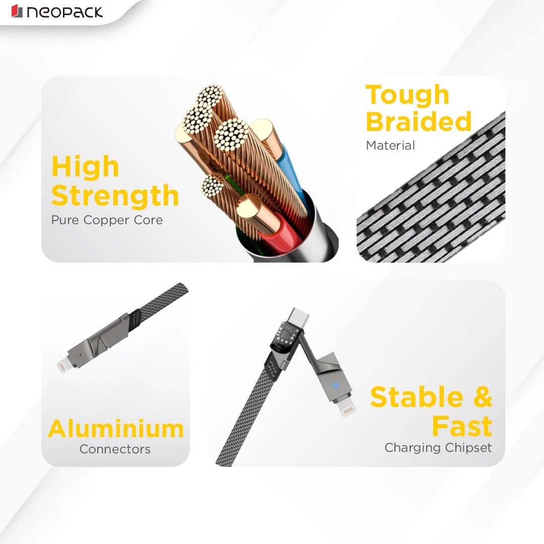 Almighty 4IN1 Nylon Braided Cable 66W For Smartphones, Tablets, Macbooks, Laptops & More (1M, Space Grey)