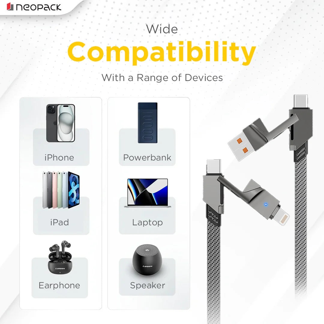 Almighty 4IN1 Nylon Braided Cable 66W For Smartphones, Tablets, Macbooks, Laptops & More (1M, Space Grey)