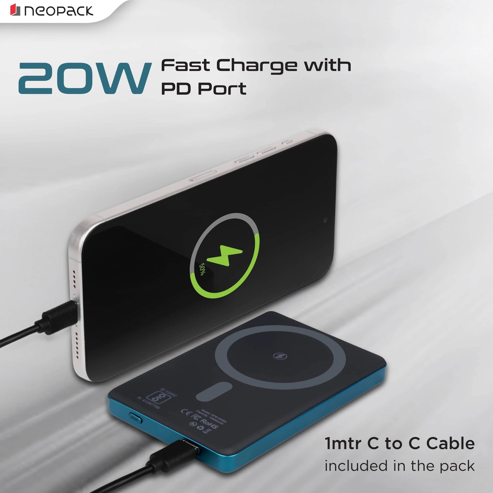 Velocity Magnetic Power Bank 10000 MAh With MagSafe Compatible Wireless Charging @ 15W & Type C @ 20W (Blue)