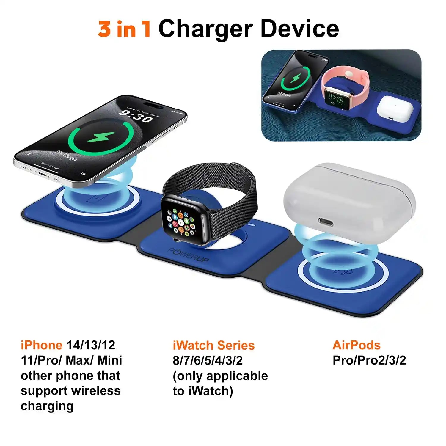 Powerup 3in1 Flat Wireless Charger - Blue