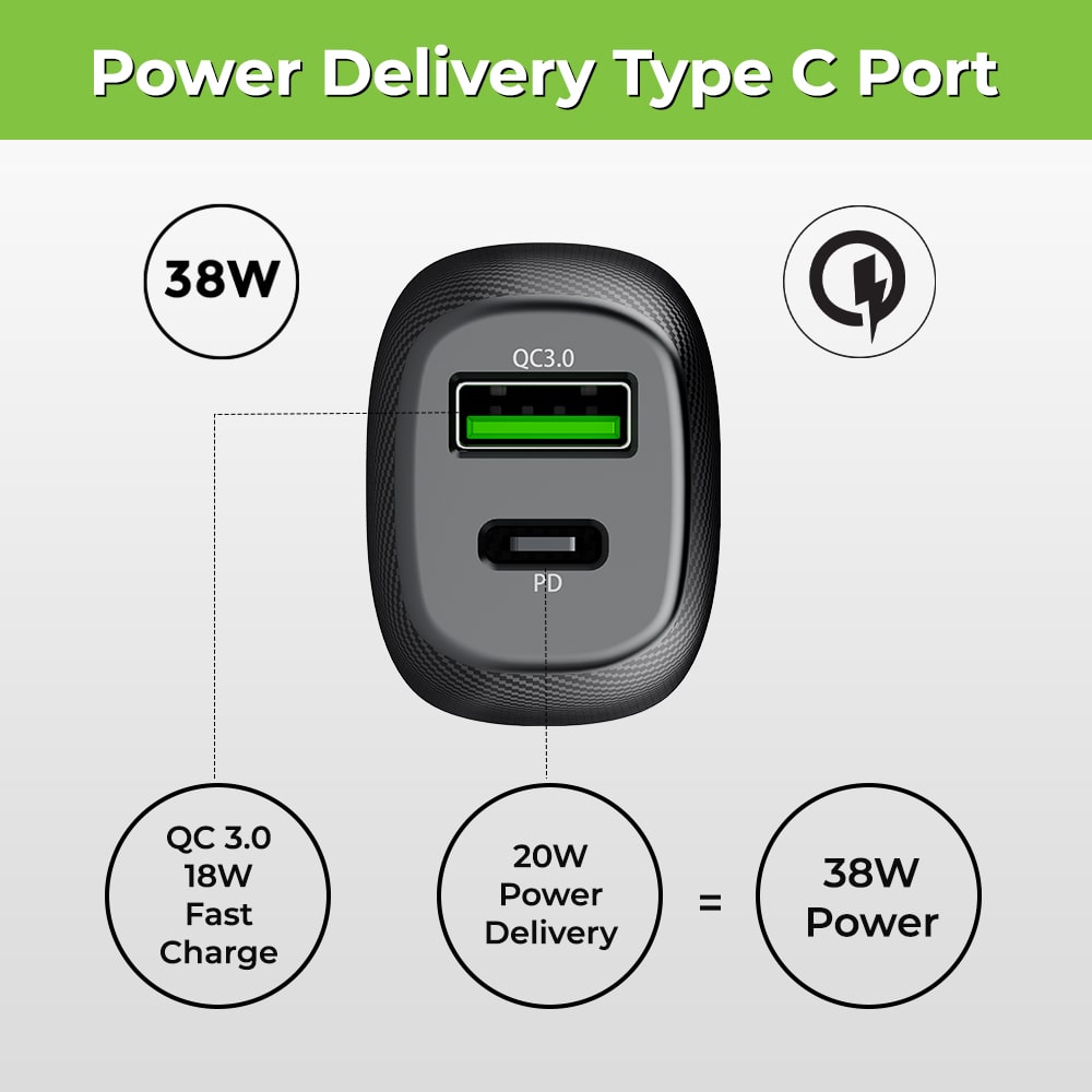 MACH 38W PD + QC 3.0 Car Charger With iPhone Cable UM1013L