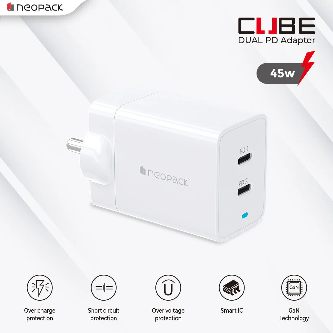 Neopack Power Cube 45W Dual Port PD USB C Charger For All Mobile Phones & Tablets (White)
