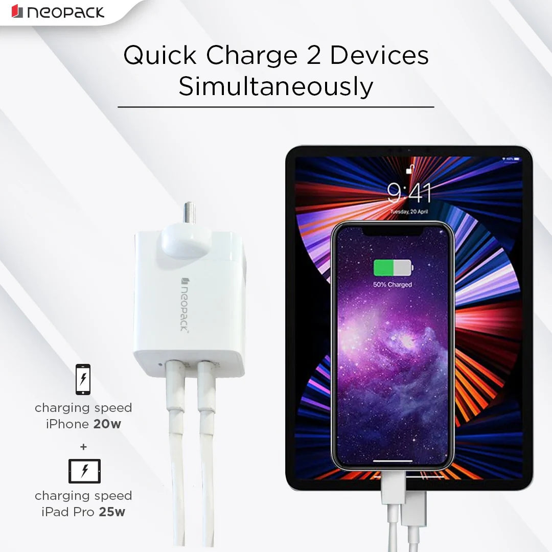 Neopack Power Cube 45W Dual Port PD USB C Charger For All Mobile Phones & Tablets (White)
