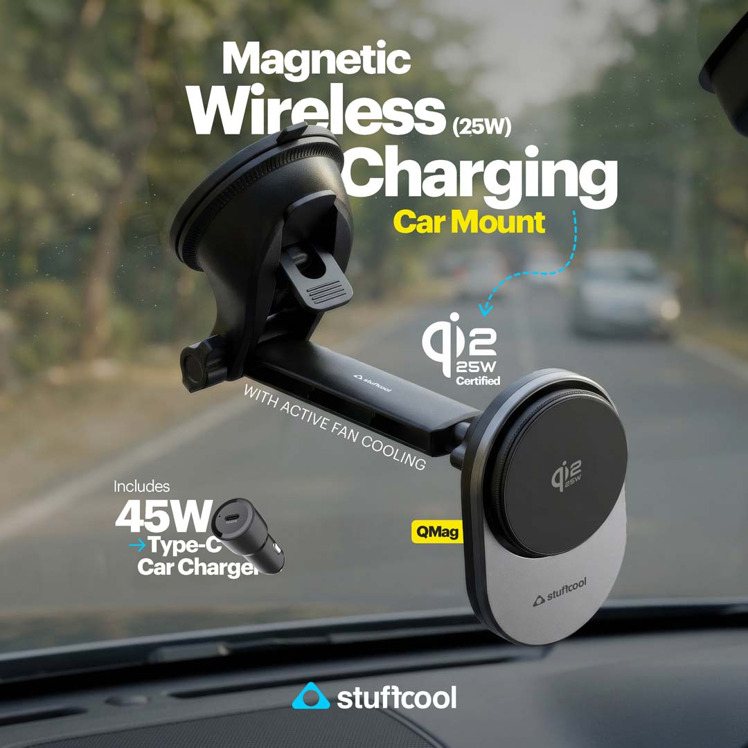 Stuffcool QMag Qi2.2 25W Magnetic Wireless Charging Car Mount with 45W Car Charger
