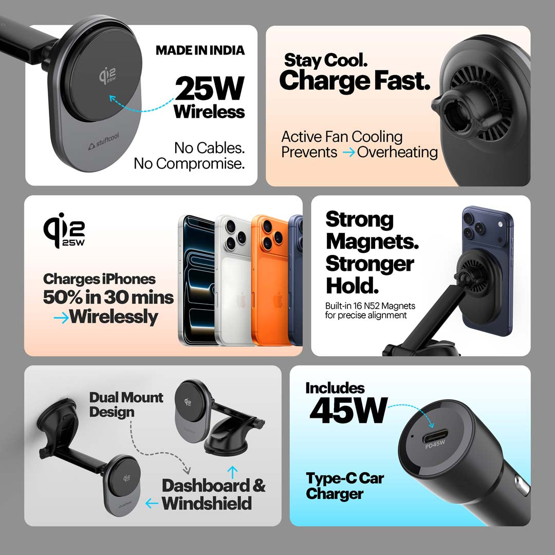 Stuffcool QMag Qi2.2 25W Magnetic Wireless Charging Car Mount with 45W Car Charger