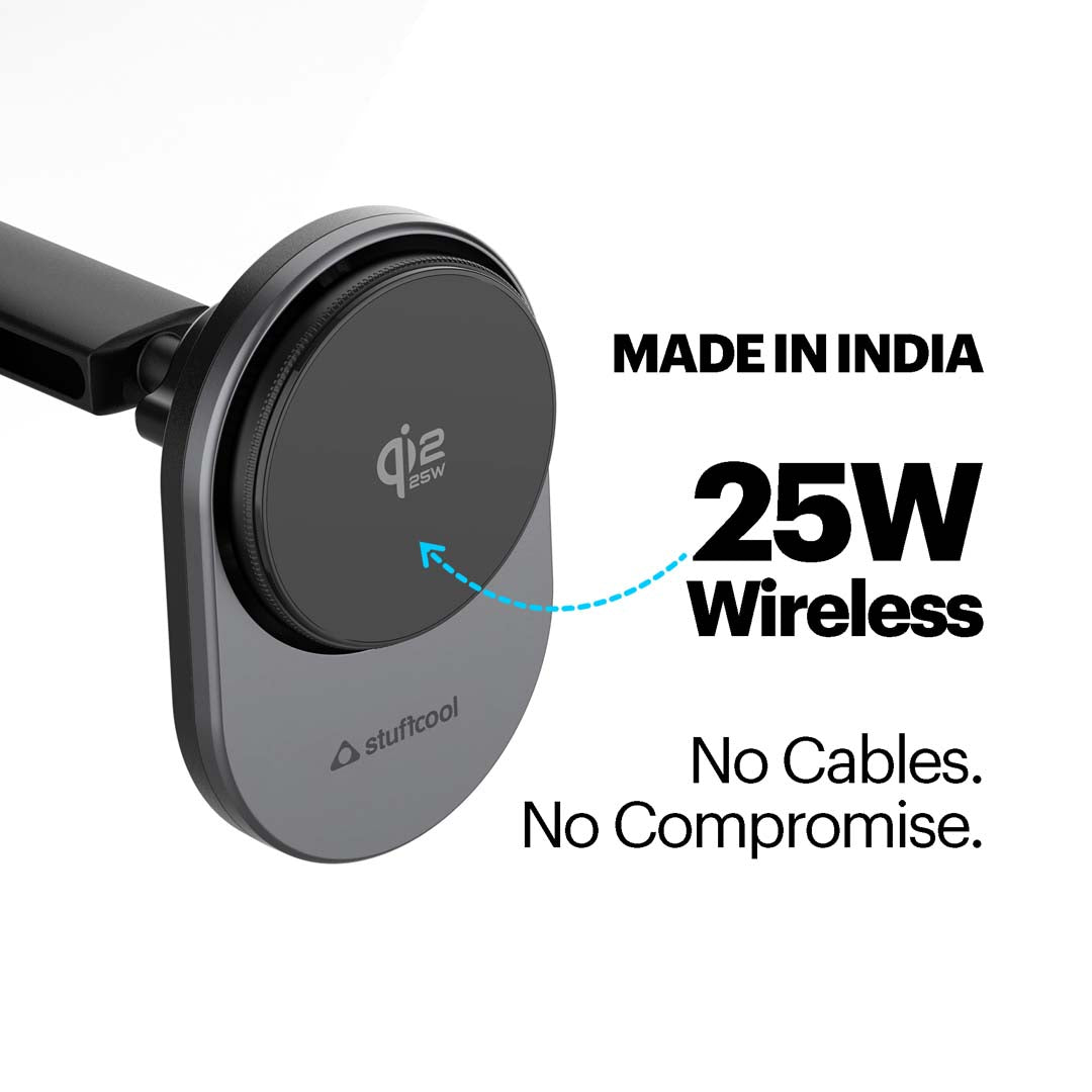 Stuffcool QMag Qi2.2 25W Magnetic Wireless Charging Car Mount with 45W Car Charger