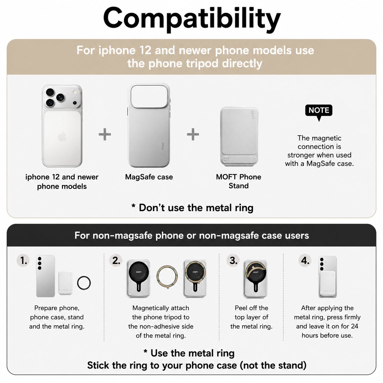 Moft Tripod Stand & Wallet-Compatible Models: iPhone 12/13/14/15/16/17 series (Plus/Pro/Pro Max) and MagSafe-compatible cases. Works with non-MagSafe phones using the included metal ring. With Out Trackable