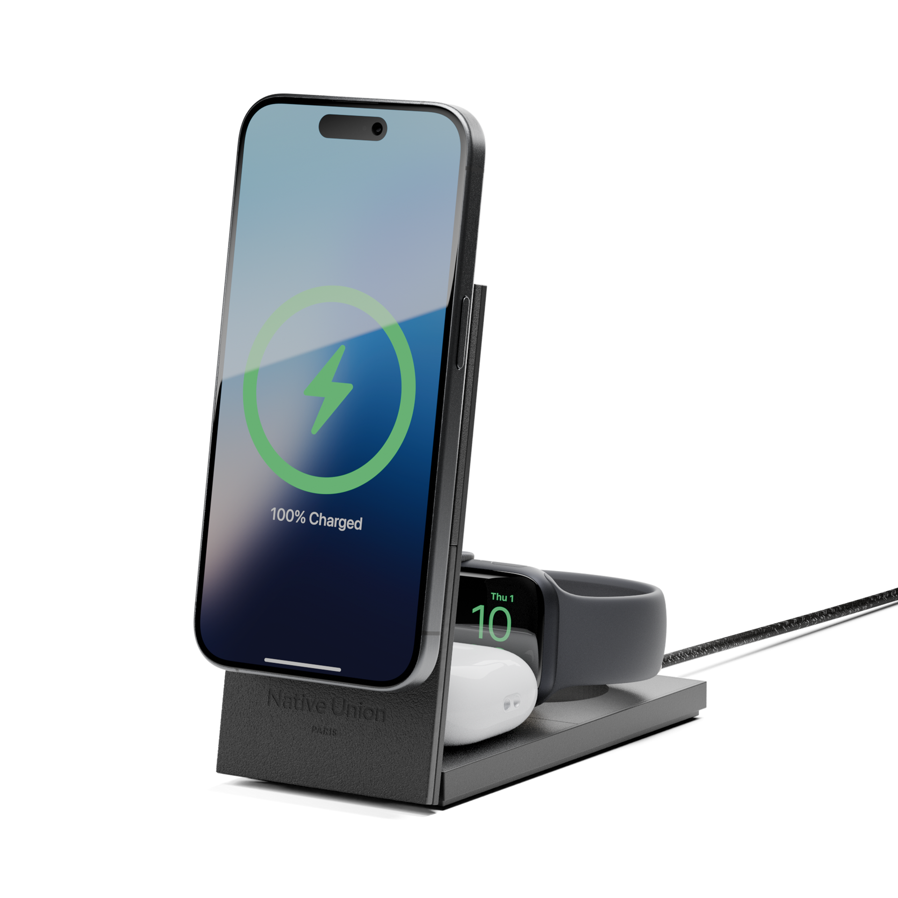 Native union Rise 3-in-1 Magnetic Wireless Charger The space-saving Qi2 charging stand for your iPhone, AirPods & Apple Watch