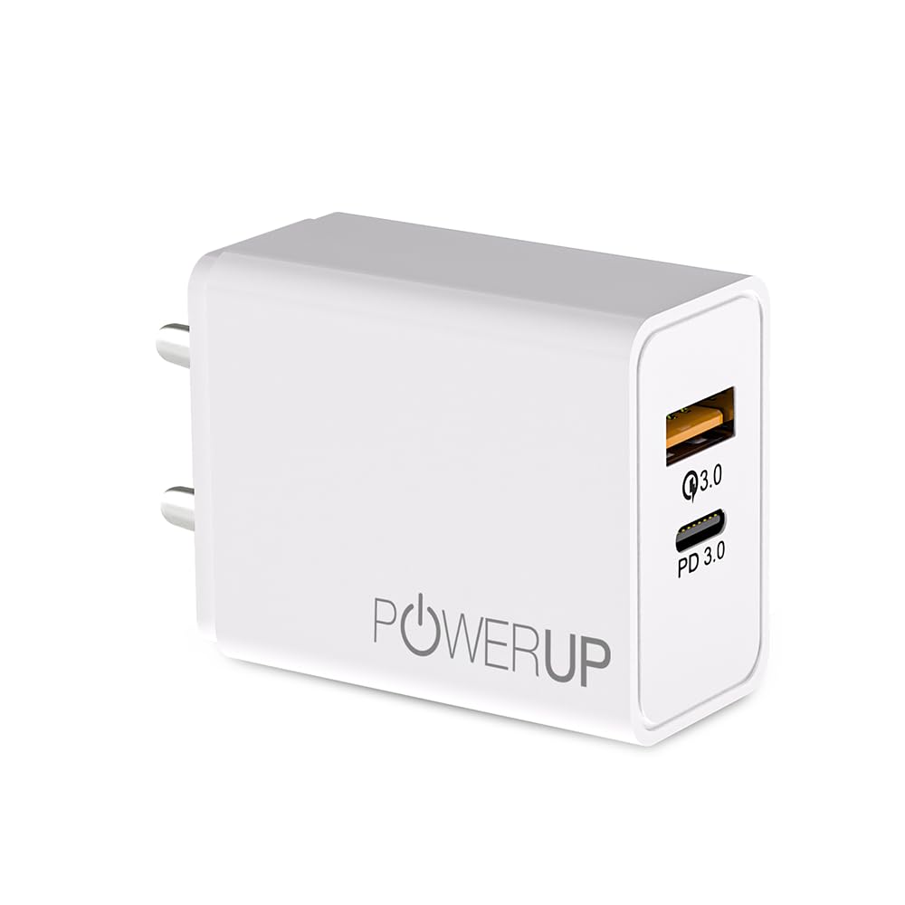 POWERUP Turbo Max Dual Port 20W PD Type-C & USB-A QC 3.0 Fast Charging Wall Charging Adapter for Smartphones/Tablet with BIS Certified in-Built Auto-Detect Technology