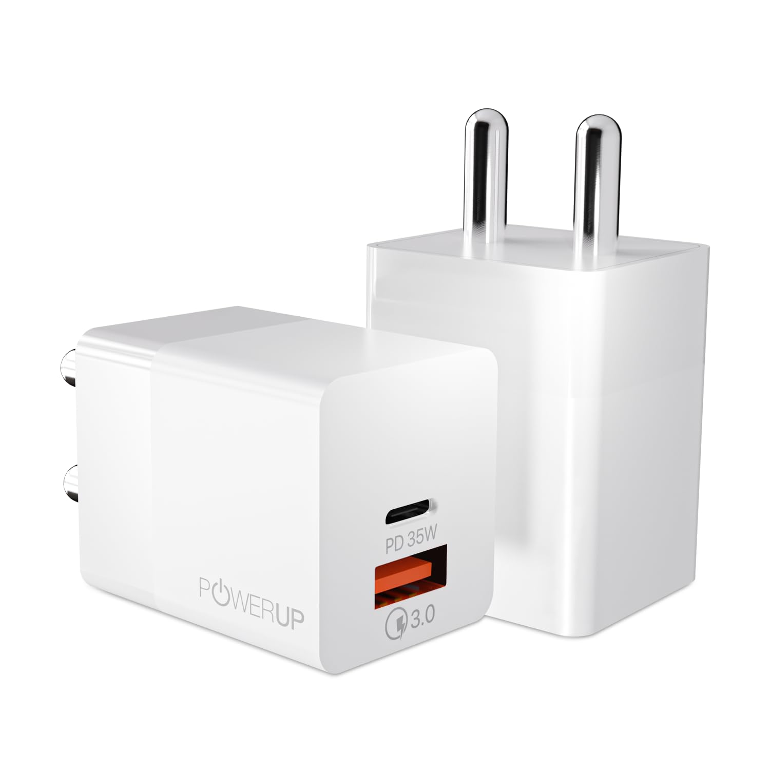 POWERUP Max Charge Gan Charger with 35W PD Type C & USB-A QC 3.0 Quick Charging Dual Port Wall Charger Adapter for All iPhone's & Mobile/Tablet - White