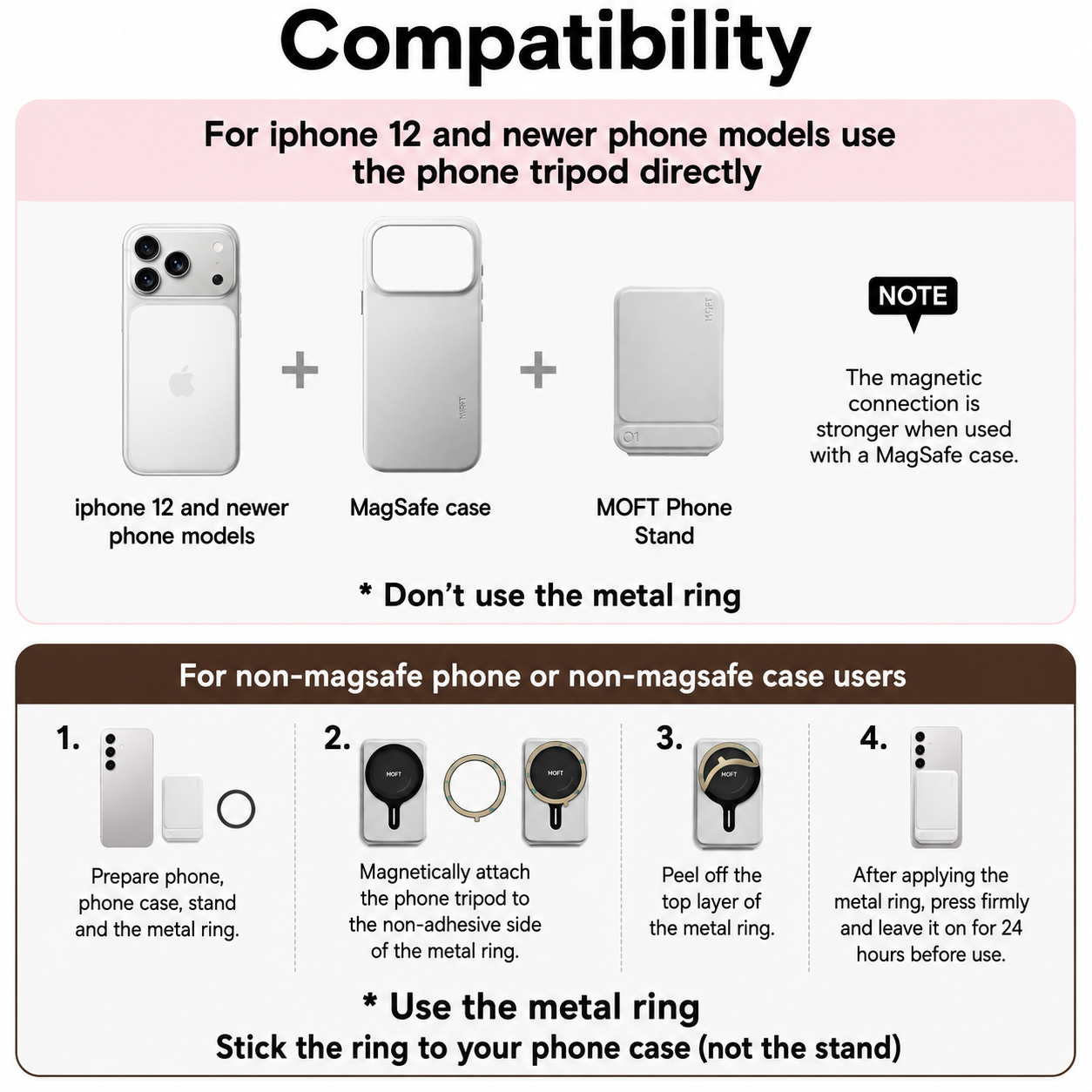 Moft Tripod Stand & Wallet-Compatible Models: iPhone 12/13/14/15/16/17 series (Plus/Pro/Pro Max) and MagSafe-compatible cases. Works with non-MagSafe phones using the included metal ring. With Out Trackable