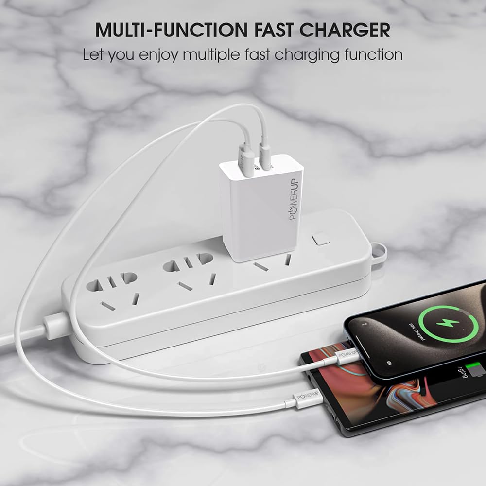 POWERUP Turbo Max Dual Port 20W PD Type-C & USB-A QC 3.0 Fast Charging Wall Charging Adapter for Smartphones/Tablet with BIS Certified in-Built Auto-Detect Technology
