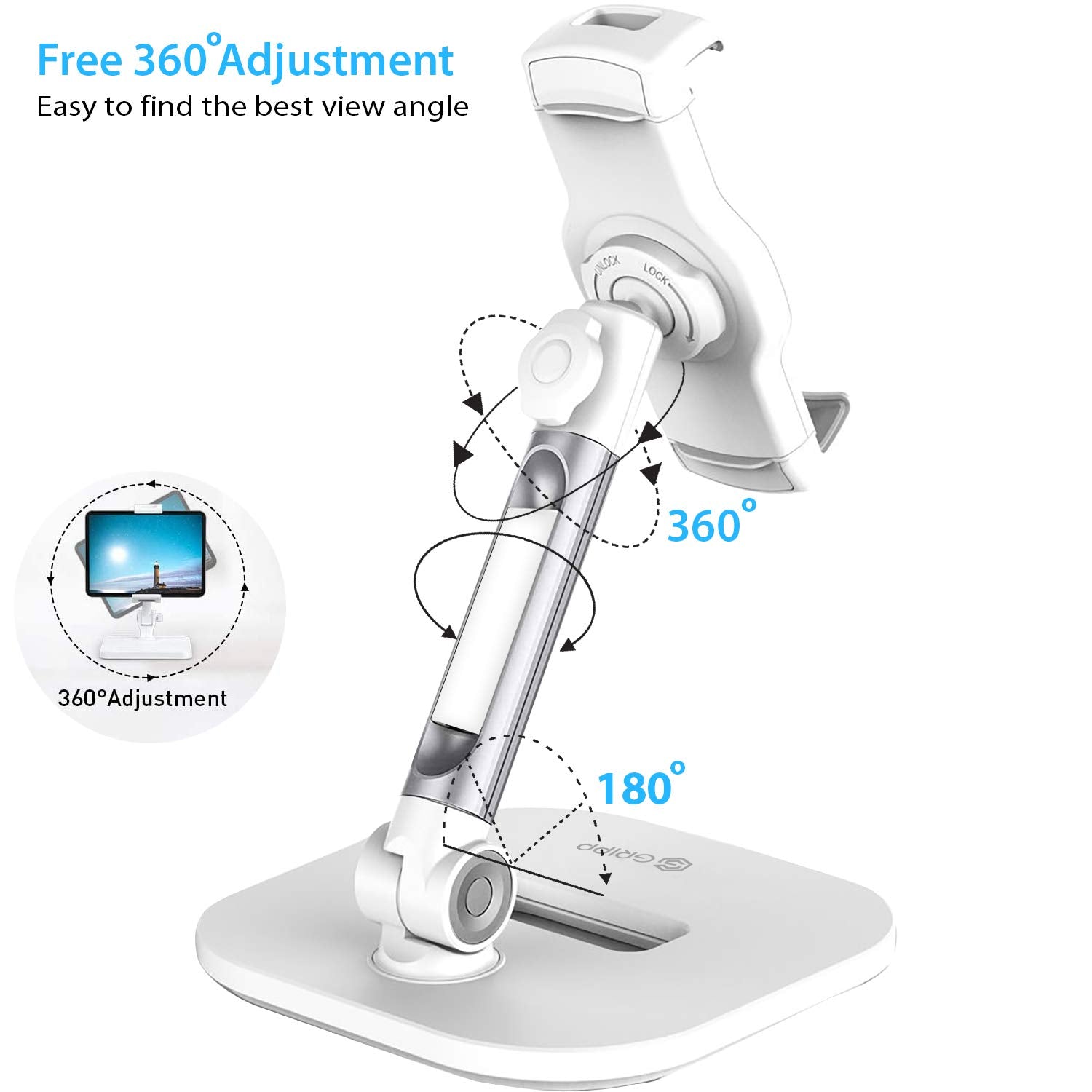 GRIPP® Premium Metal Table Top Pivot Mobile/Tablet Holder Stand with Anti-Slip and Anti-Scratch Design with Foldable and Portable for iPad, Tablets and Smart Phone Devices - White