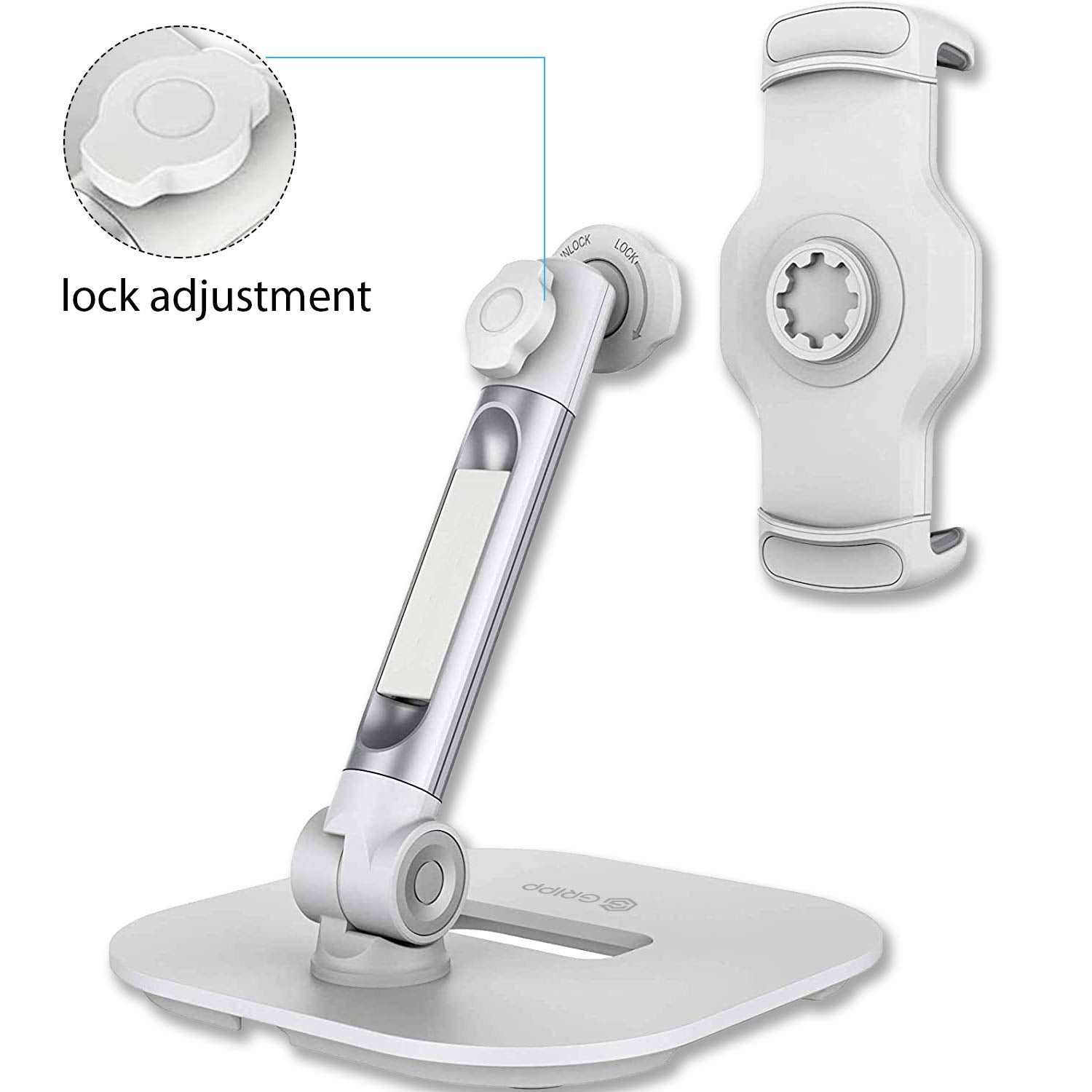 GRIPP® Premium Metal Table Top Pivot Mobile/Tablet Holder Stand with Anti-Slip and Anti-Scratch Design with Foldable and Portable for iPad, Tablets and Smart Phone Devices - White
