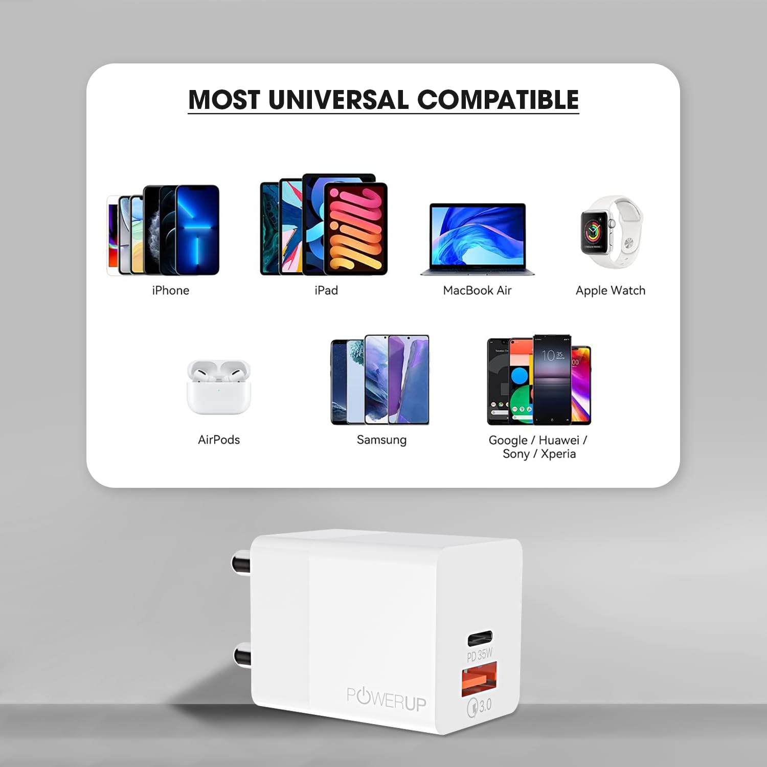 POWERUP Max Charge Gan Charger with 35W PD Type C & USB-A QC 3.0 Quick Charging Dual Port Wall Charger Adapter for All iPhone's & Mobile/Tablet - White