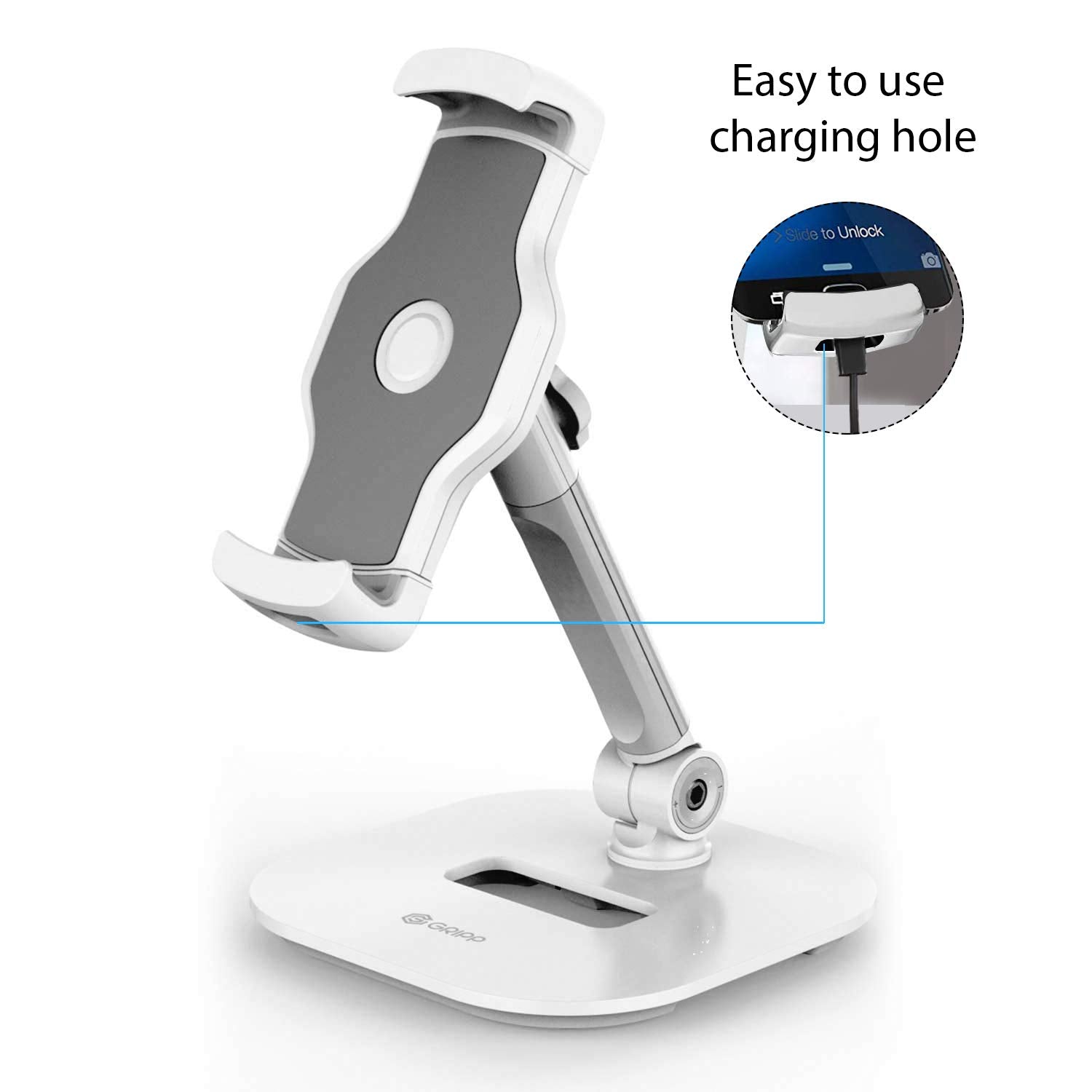 GRIPP® Premium Metal Table Top Pivot Mobile/Tablet Holder Stand with Anti-Slip and Anti-Scratch Design with Foldable and Portable for iPad, Tablets and Smart Phone Devices - White