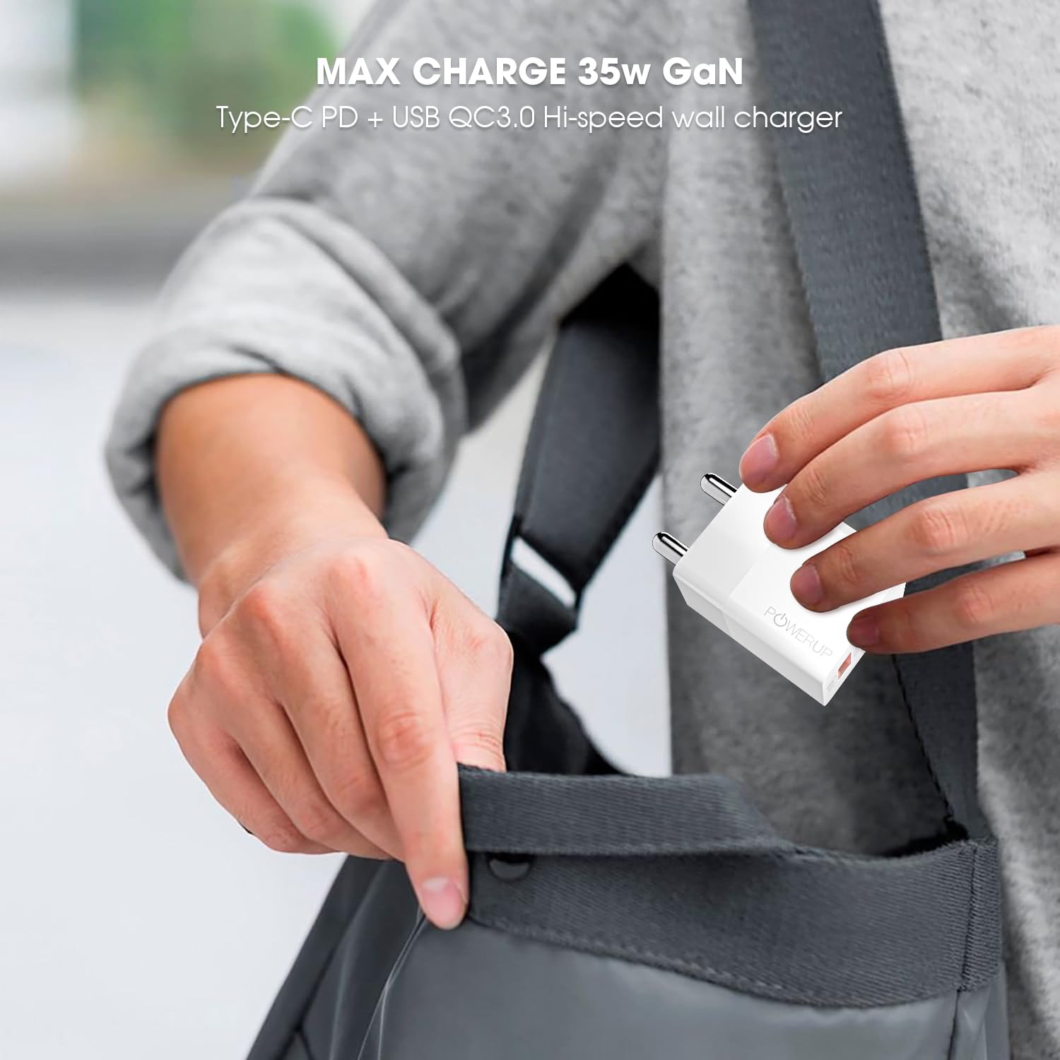POWERUP Max Charge Gan Charger with 35W PD Type C & USB-A QC 3.0 Quick Charging Dual Port Wall Charger Adapter for All iPhone's & Mobile/Tablet - White