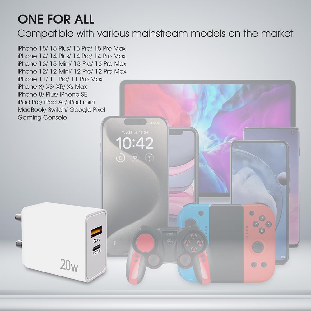 POWERUP Turbo Max Dual Port 20W PD Type-C & USB-A QC 3.0 Fast Charging Wall Charging Adapter for Smartphones/Tablet with BIS Certified in-Built Auto-Detect Technology