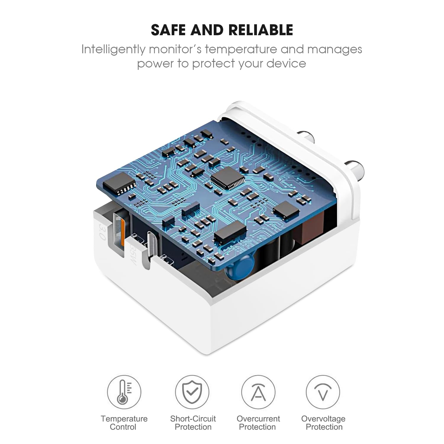 POWERUP Max Charge Gan Charger with 35W PD Type C & USB-A QC 3.0 Quick Charging Dual Port Wall Charger Adapter for All iPhone's & Mobile/Tablet - White