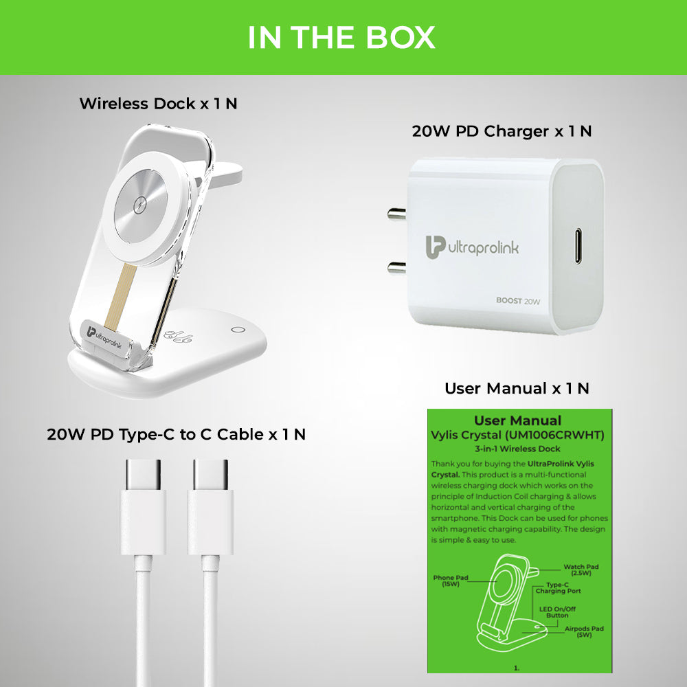 Vylis Crystal 20W Mag-Safe Magnetic 3 in 1 Wireless Charger UM1006CRWHT
