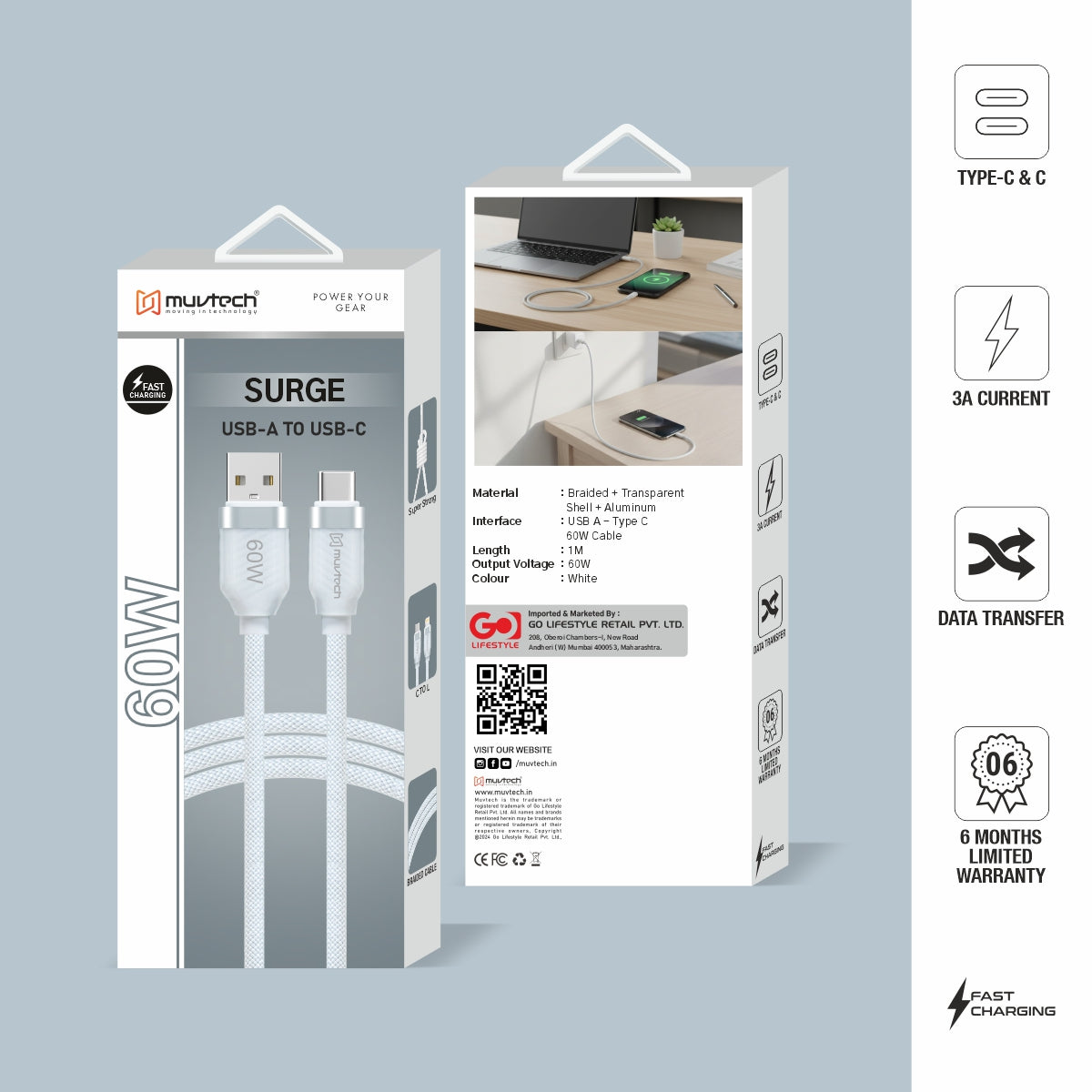 Surge 60W Type-A to Type-C Cable