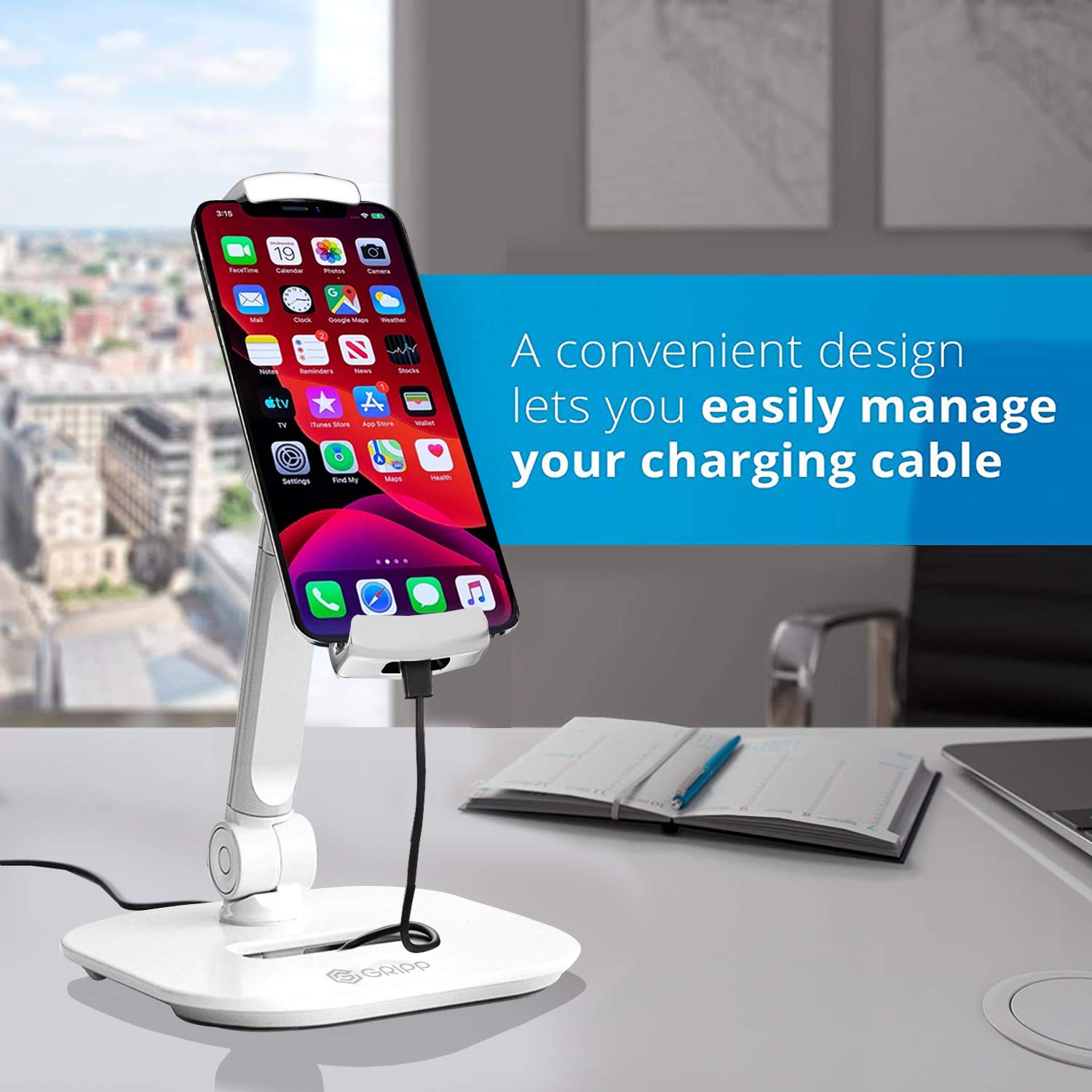 GRIPP® Premium Metal Table Top Pivot Mobile/Tablet Holder Stand with Anti-Slip and Anti-Scratch Design with Foldable and Portable for iPad, Tablets and Smart Phone Devices - White