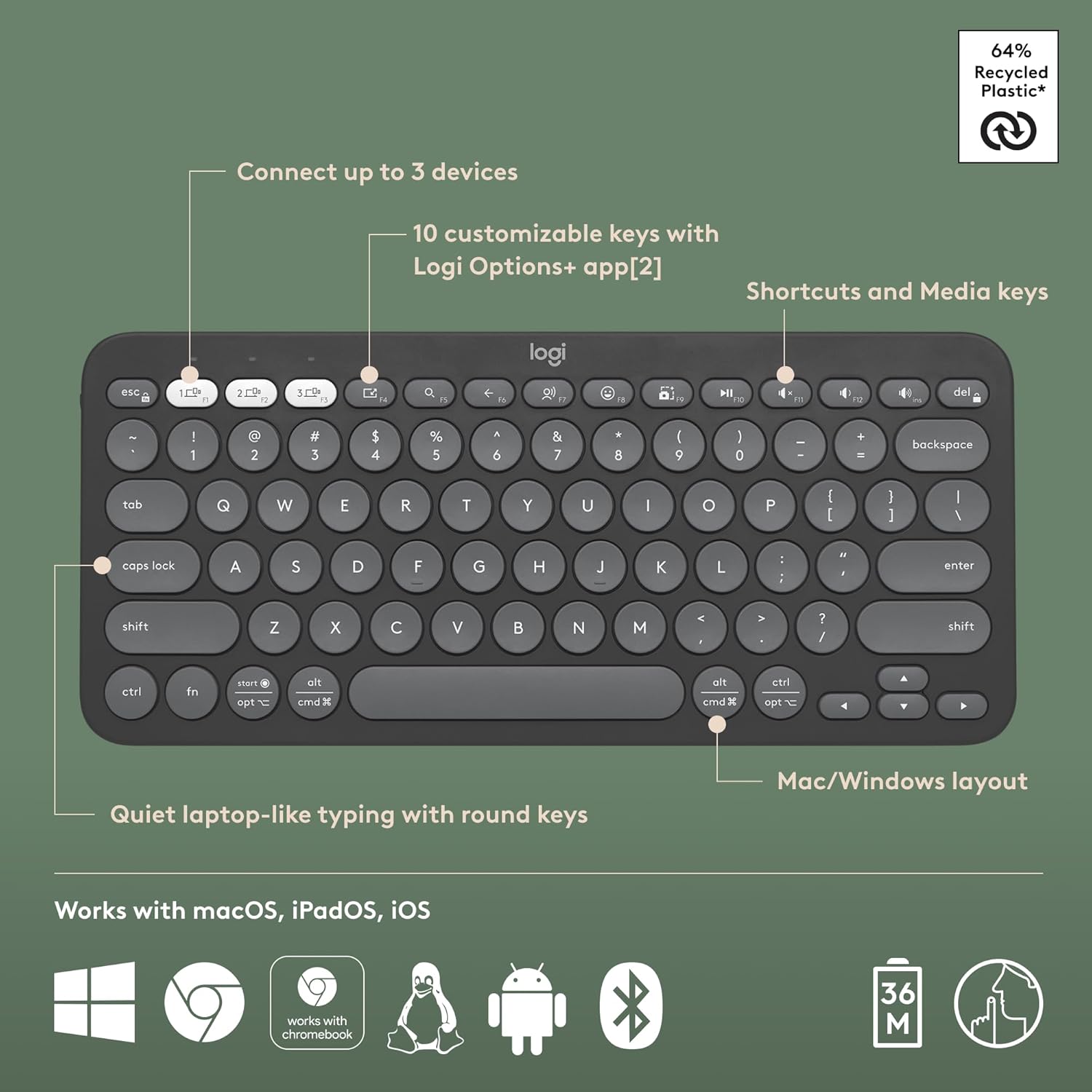Logitech Keyboard K380s Pebble Keys 2 Cordless