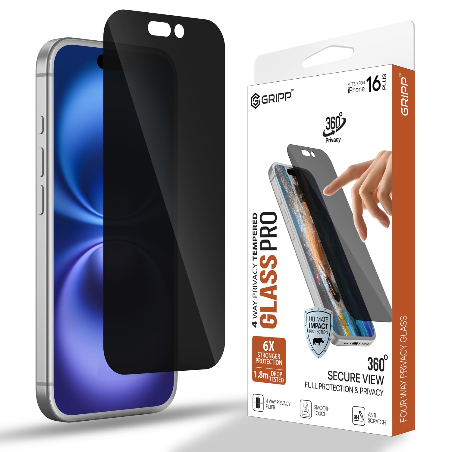 GRIPP 360° True Privacy HD Tempered Glass Screen Protector for iPhone 16 Pro Max (6.9") Anti Scratch & Fingerprint with 9h Protection, Edge to Edge Full Coverage Anti Spy Screen Guard (Easy Installation) - Black