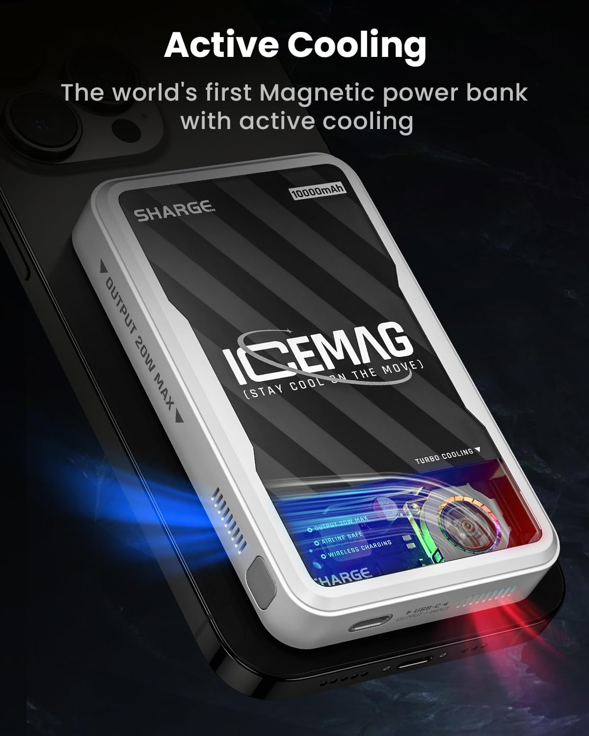 ICEMAG Magnetic Power Bank, World's First 10000mAh Battery Pack with Active Cooling for MagSafe, Transparent Portable Charger with 20W USB-C Input/Output for iPhone15/14/13/12 Pro/Pro Max/Mini