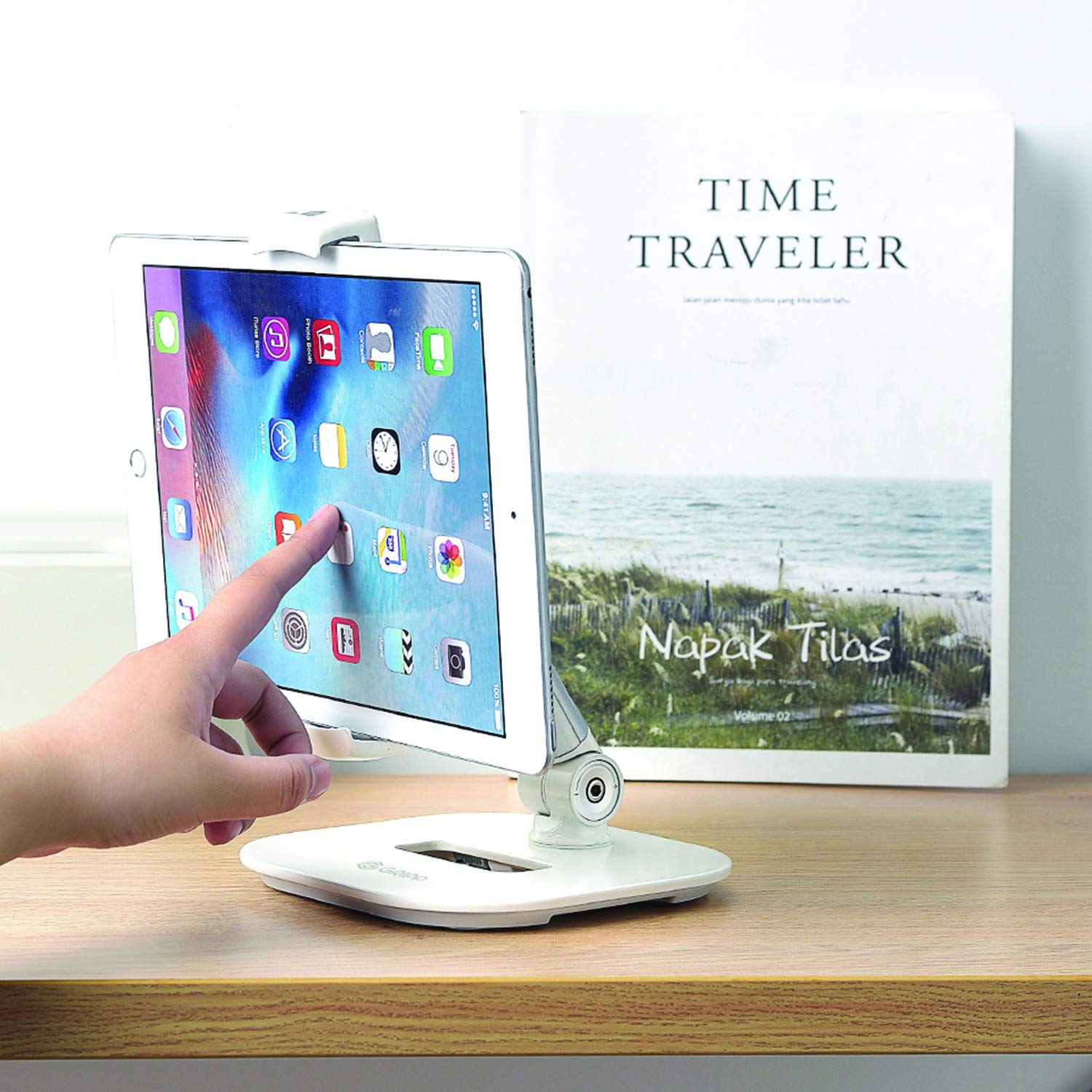 GRIPP® Premium Metal Table Top Pivot Mobile/Tablet Holder Stand with Anti-Slip and Anti-Scratch Design with Foldable and Portable for iPad, Tablets and Smart Phone Devices - White