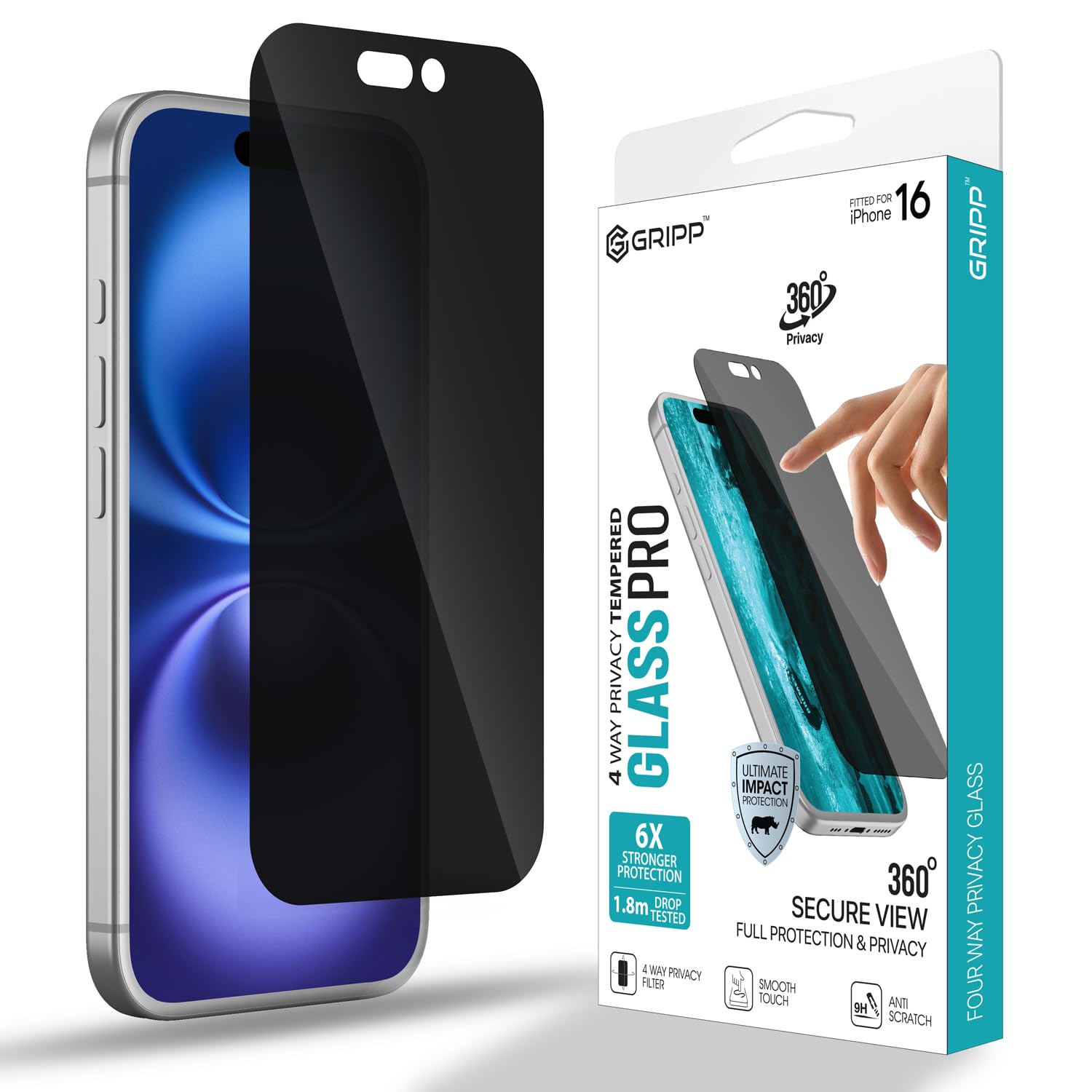 GRIPP 360° True Privacy HD Tempered Glass Screen Protector for iPhone 16 Pro Max (6.9") Anti Scratch & Fingerprint with 9h Protection, Edge to Edge Full Coverage Anti Spy Screen Guard (Easy Installation) - Black