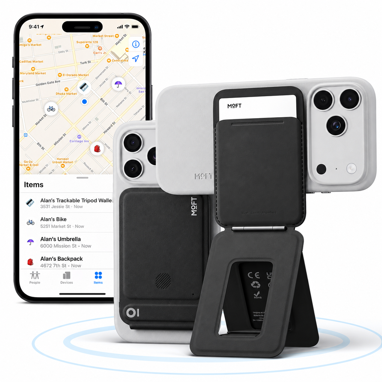 Moft Tripod Stand & Wallet-Compatible Models: iPhone 12/13/14/15/16/17 series (Plus/Pro/Pro Max) and MagSafe-compatible cases. Works with non-MagSafe phones using the included metal ring. with trackable
