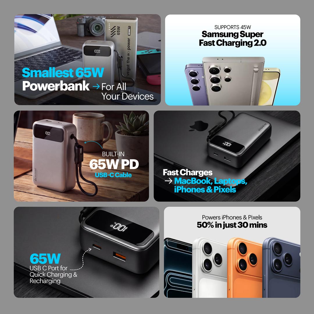 Giga II smallest 65W 20000 mAh Powerbank With Built-in Type C Cable