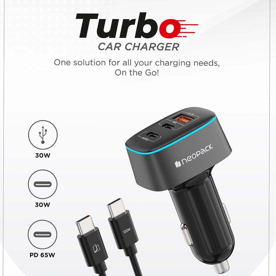 95W Multiport Metal Edition Turbo Car Charger with 1.5M USB-C to C Cable (Black)