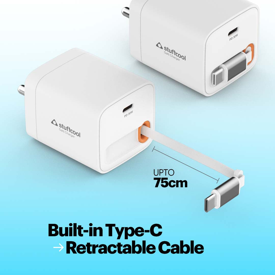 Zeno 30W GaN Wall Charger with USB-C Port & Built-in Retractable Type-C Cable