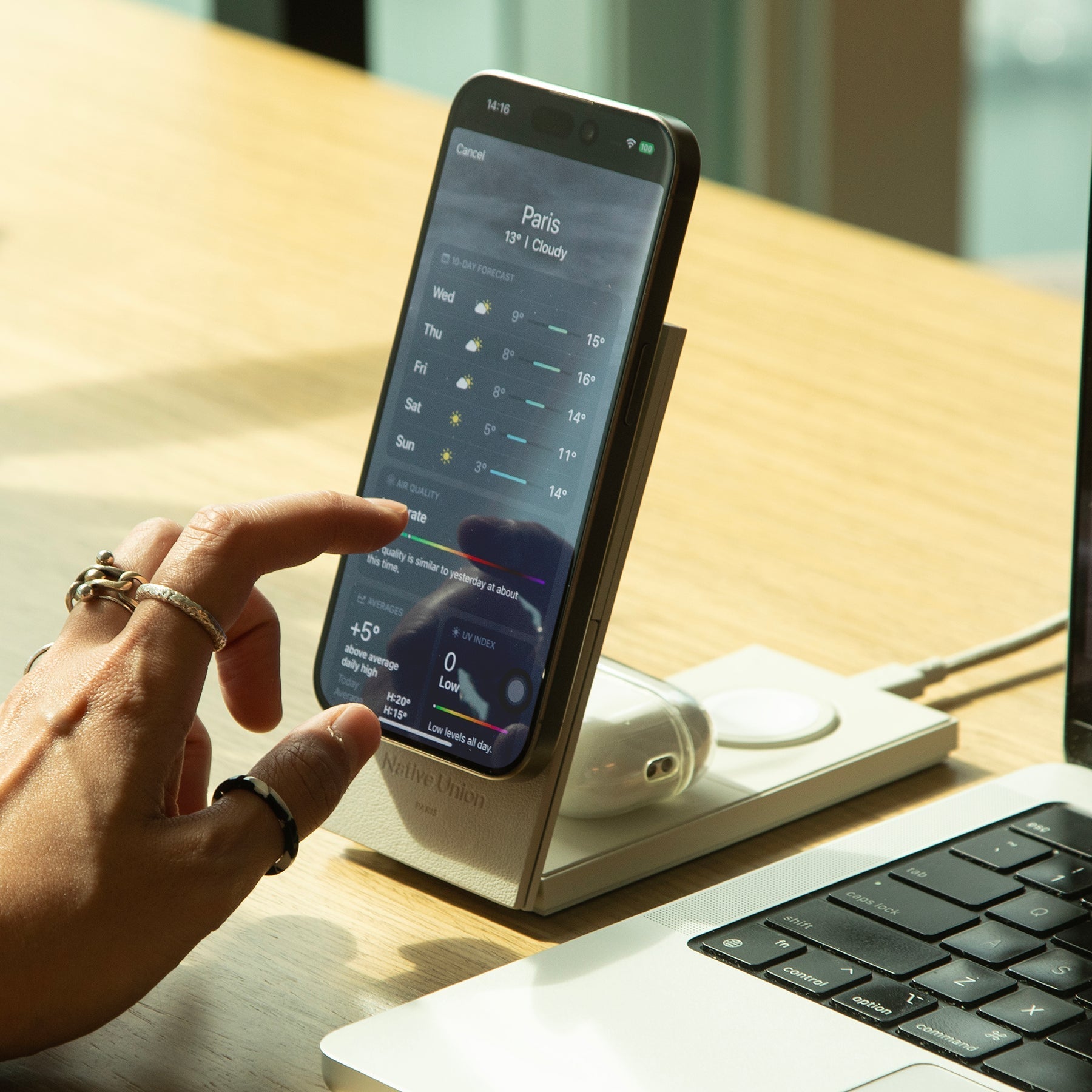 Native union Rise 3-in-1 Magnetic Wireless Charger The space-saving Qi2 charging stand for your iPhone, AirPods & Apple Watch