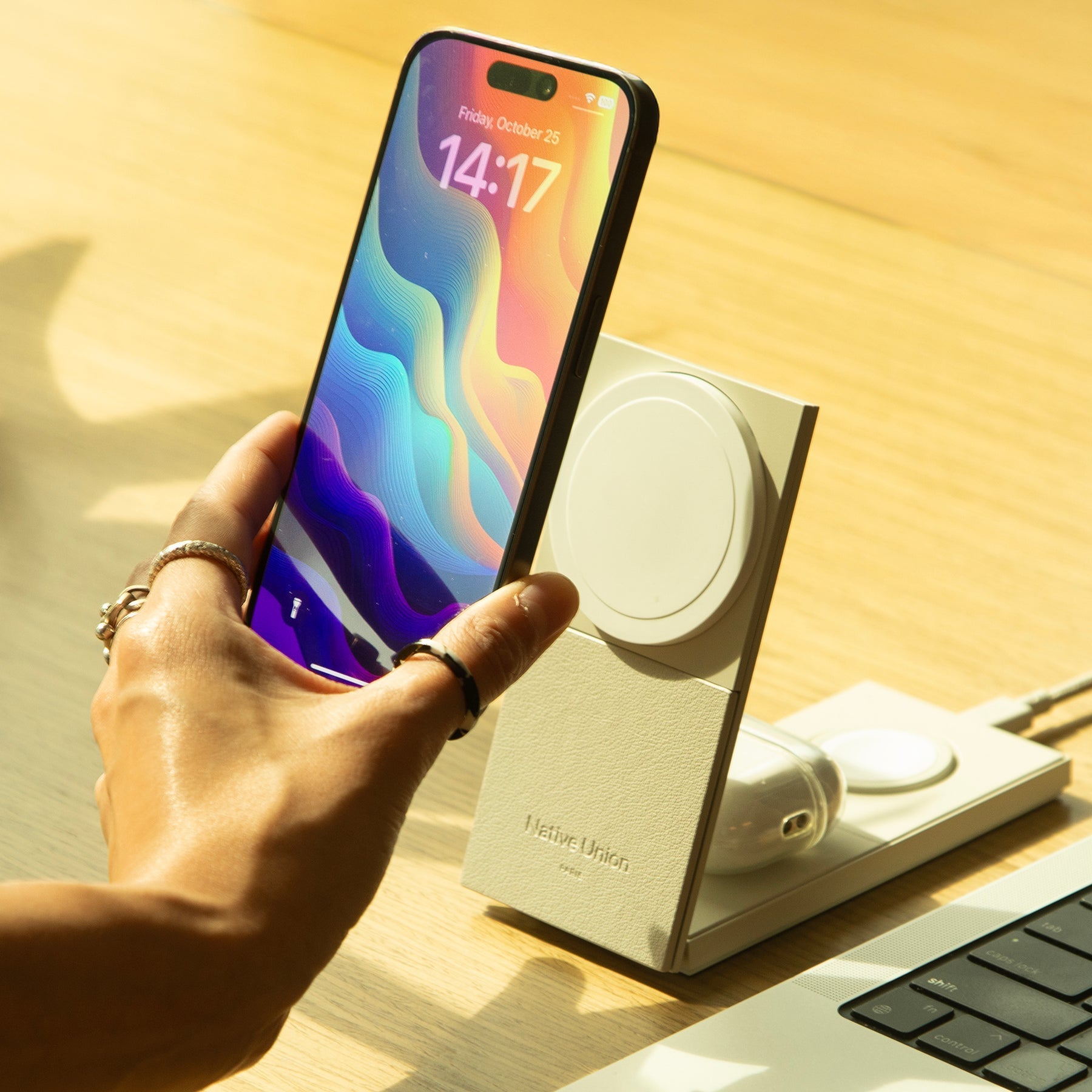 Native union Rise 3-in-1 Magnetic Wireless Charger The space-saving Qi2 charging stand for your iPhone, AirPods & Apple Watch