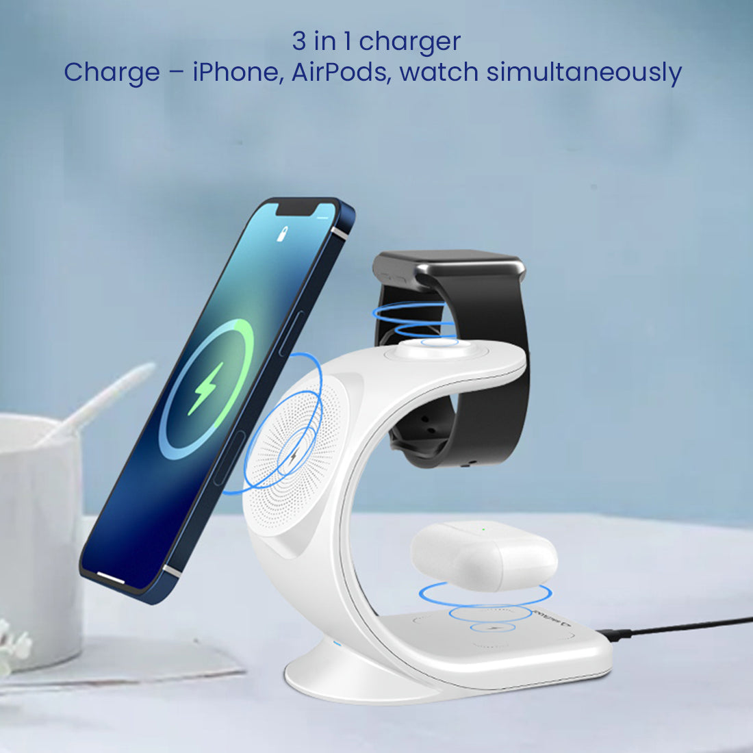 WC360 Magnetic 3-in-1 Wireless Charging Station With 18W QC3.0 Wall Charger included